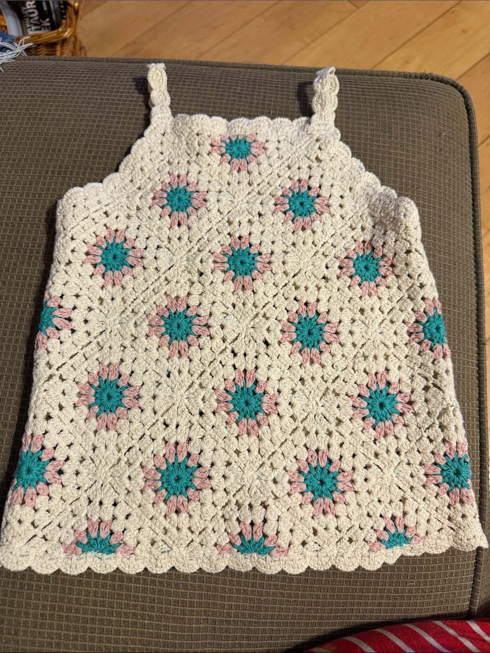 Zara Cream Crochet Tank Dress with Pink and Teal Floral Motifs